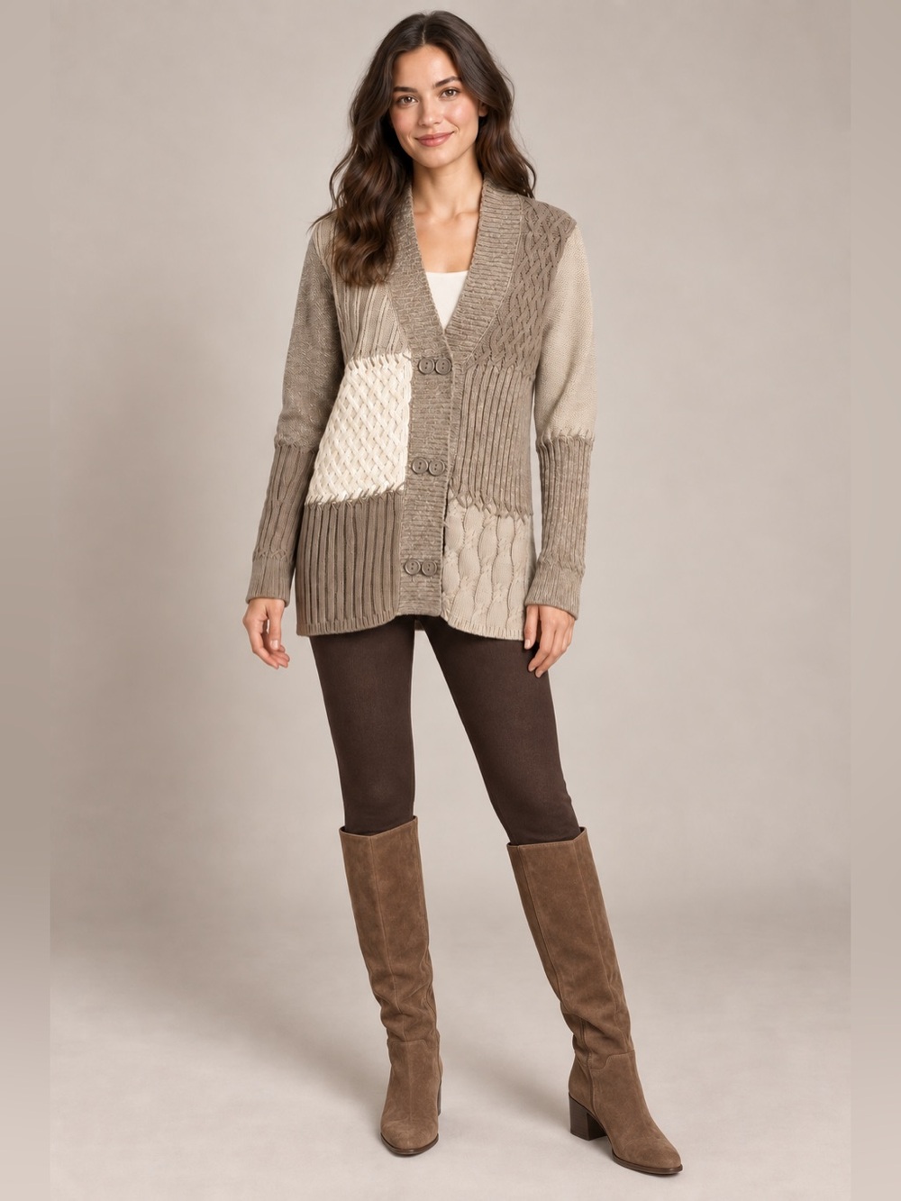 Liz & Co Patchwork Cable Knit Cardigan Sweater Taupe Cream Button Front L